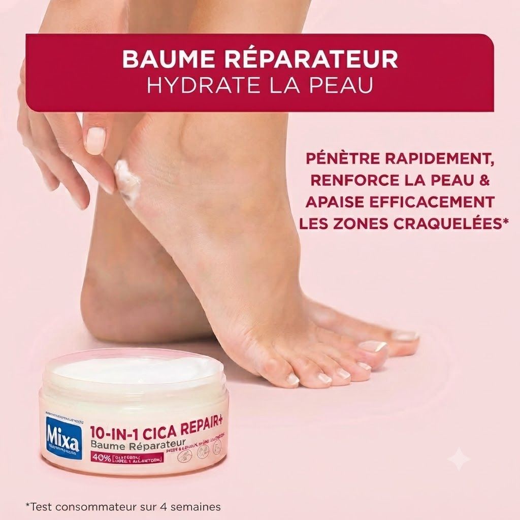 Mixa 10-in-1 Cica Repair+ Baume Réparateur pour pieds dans un pot rond.
