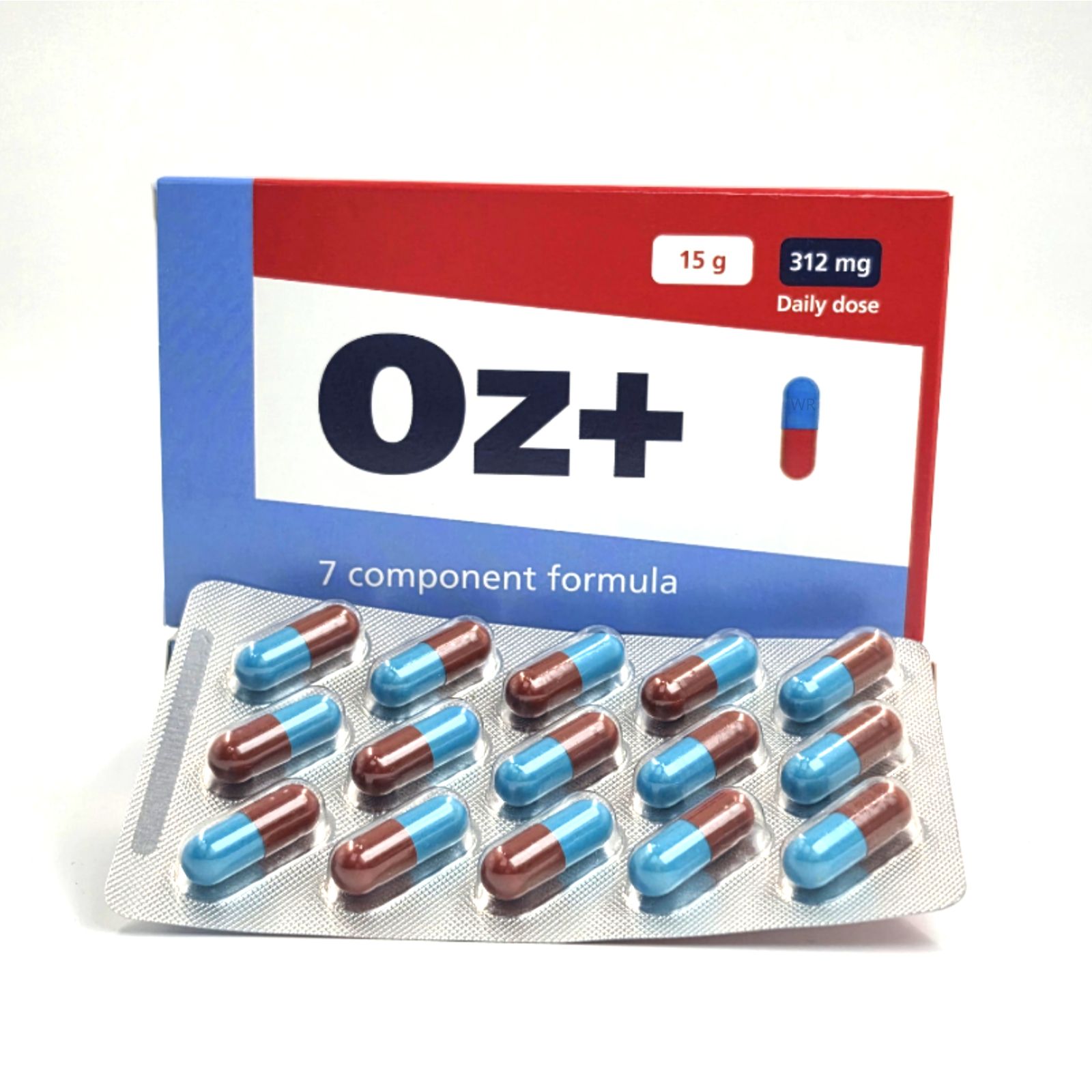 Oz+ verpakking met blister van 12 capsules (blauw/rood). 15g, 312mg dagelijkse dosis, 7-componentenformule.