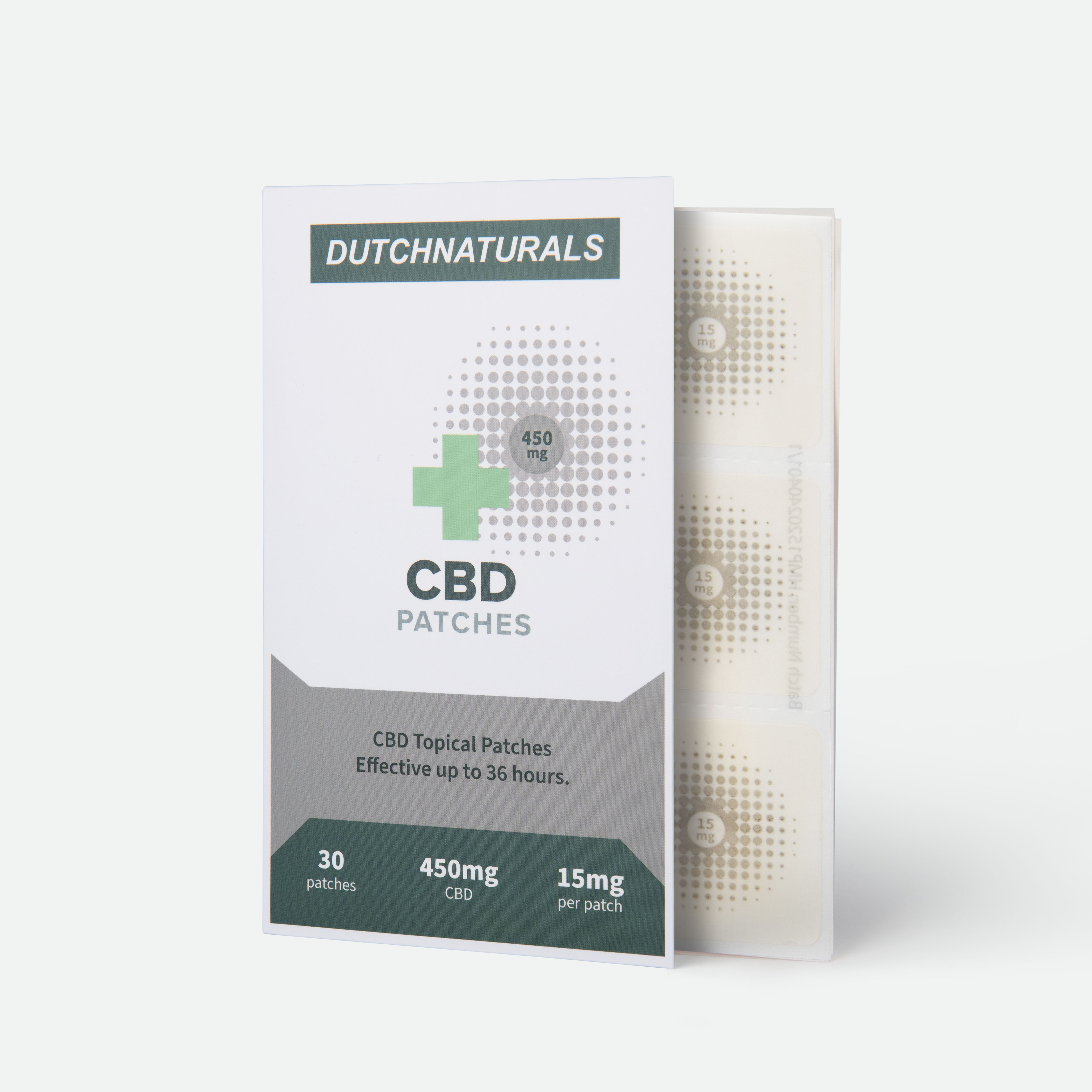 Verpakking met CBD-pleisters. Tekst: DUTCHNATURALS, CBD PATCHES, 450mg CBD, 30 pleisters.