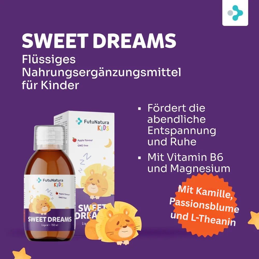 Bouteille et boîte Sweet Dreams. Inscription: FutuNatura Kids. Texte: Complément alimentaire liquide pour enfants. Illustration d'un lion endormi.