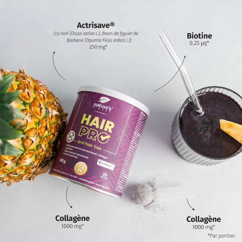 Boîte Nature's Finest Hair Pro, ananas, verre avec boisson. Inscription : Hair Pro, contre la chute des cheveux. 125g, 25 portions. Ingrédients.