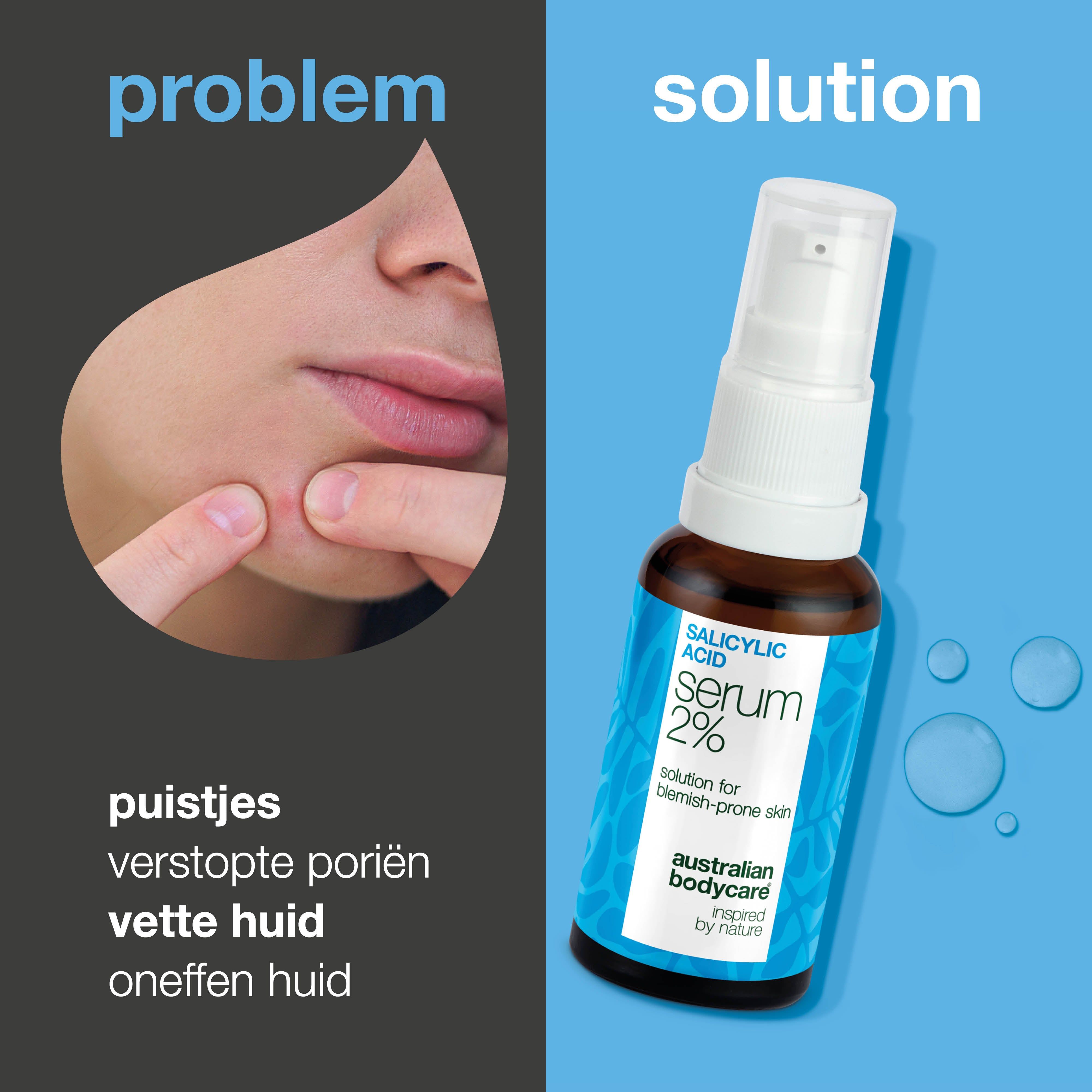 Gezicht met puistjes, ernaast serumfles. Tekst: Salicylic Acid Serum 2%, australian bodycare.