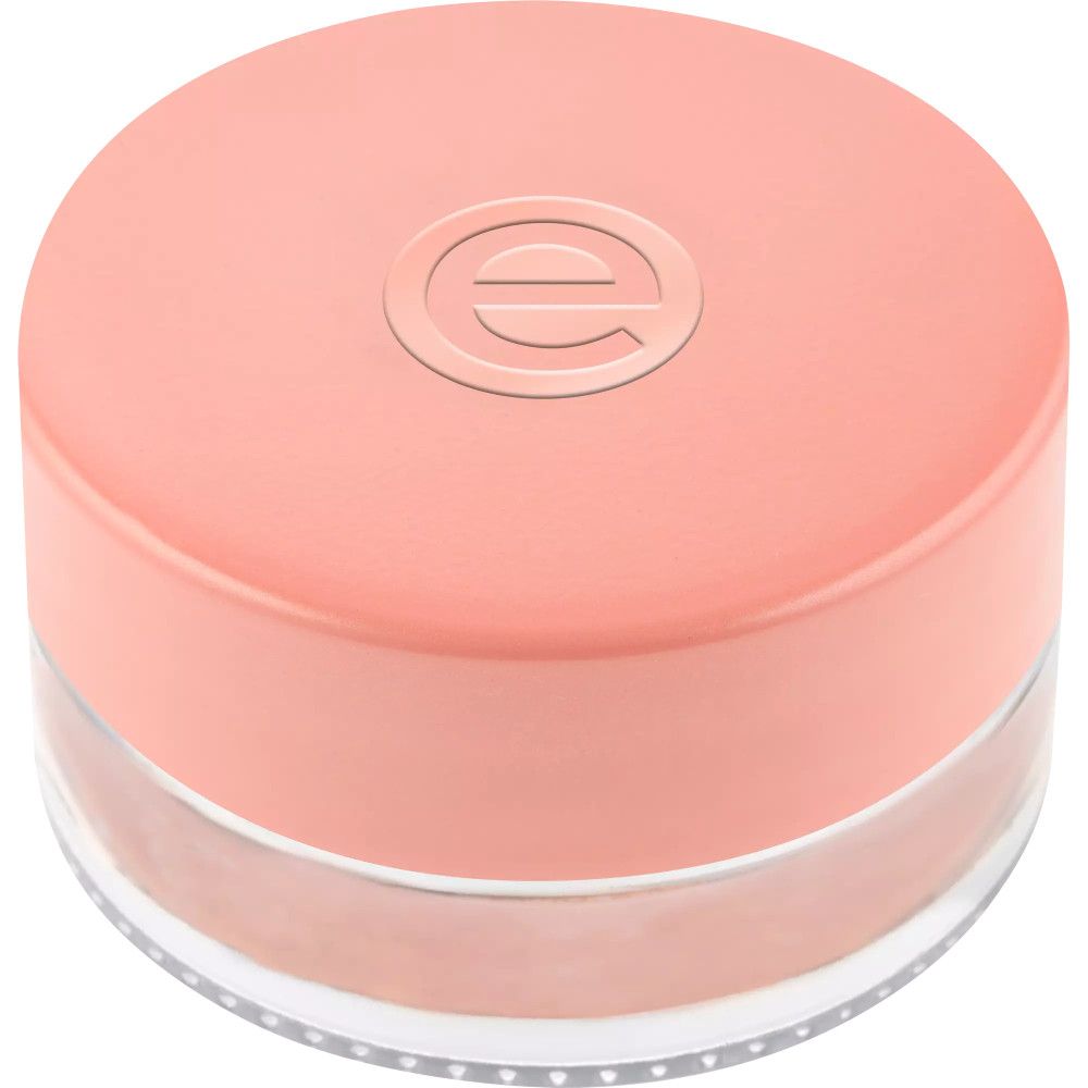 Ombre à paupières crème dans un pot en verre transparent avec un couvercle rose. Le couvercle porte le logo "e".