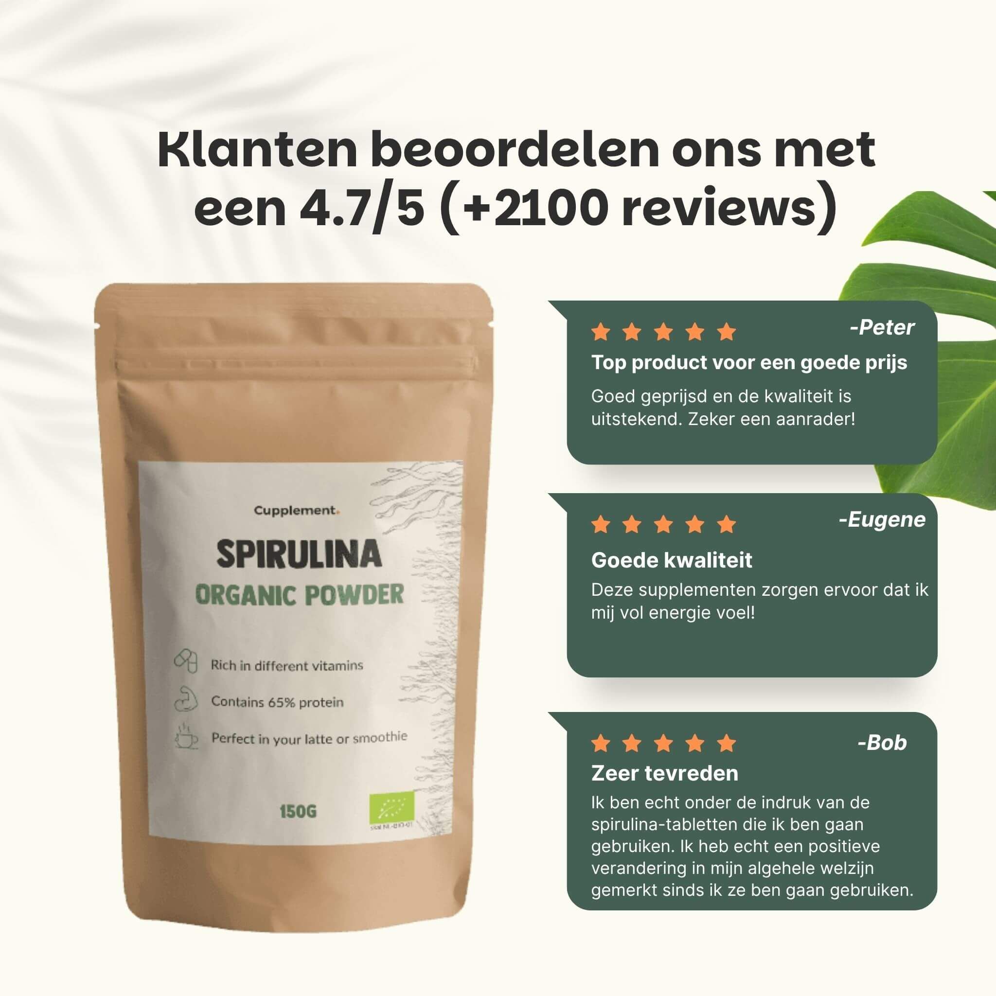 Zak Cupplement Spirulina BIO. Bruine verpakking met wit etiket. 150g. Klantbeoordelingen met 4,7/5 sterren.