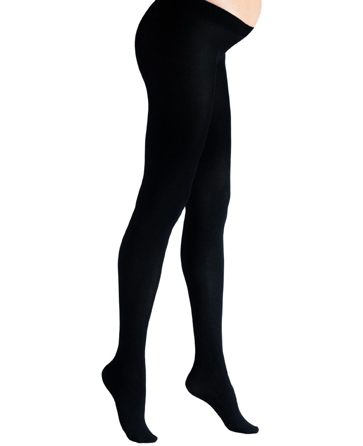 Collant de grossesse noir opaque, 50 deniers. Vue latérale d'une personne.