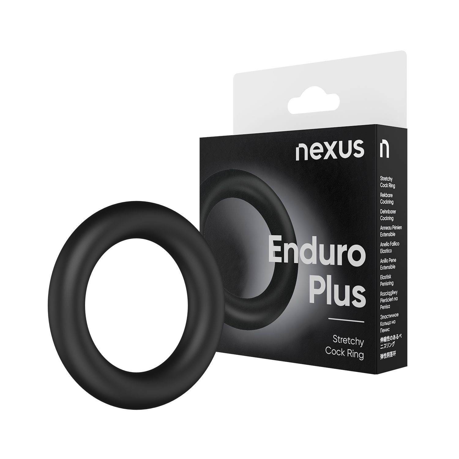 Anneau pénien noir Nexus Enduro Plus et emballage. Nom et logo sur l'emballage.