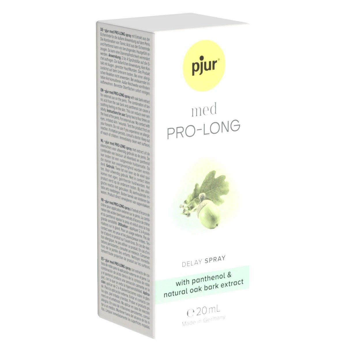 Witte verpakking met productinformatie. Opschrift: pjur med PRO-LONG, met eikenbast extract. 20 ml.
