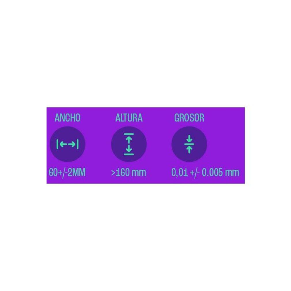 Dimensions des préservatifs UNIQ Smart : largeur 60+/-2mm, longueur >160mm, épaisseur 0,01+/-0.005mm.