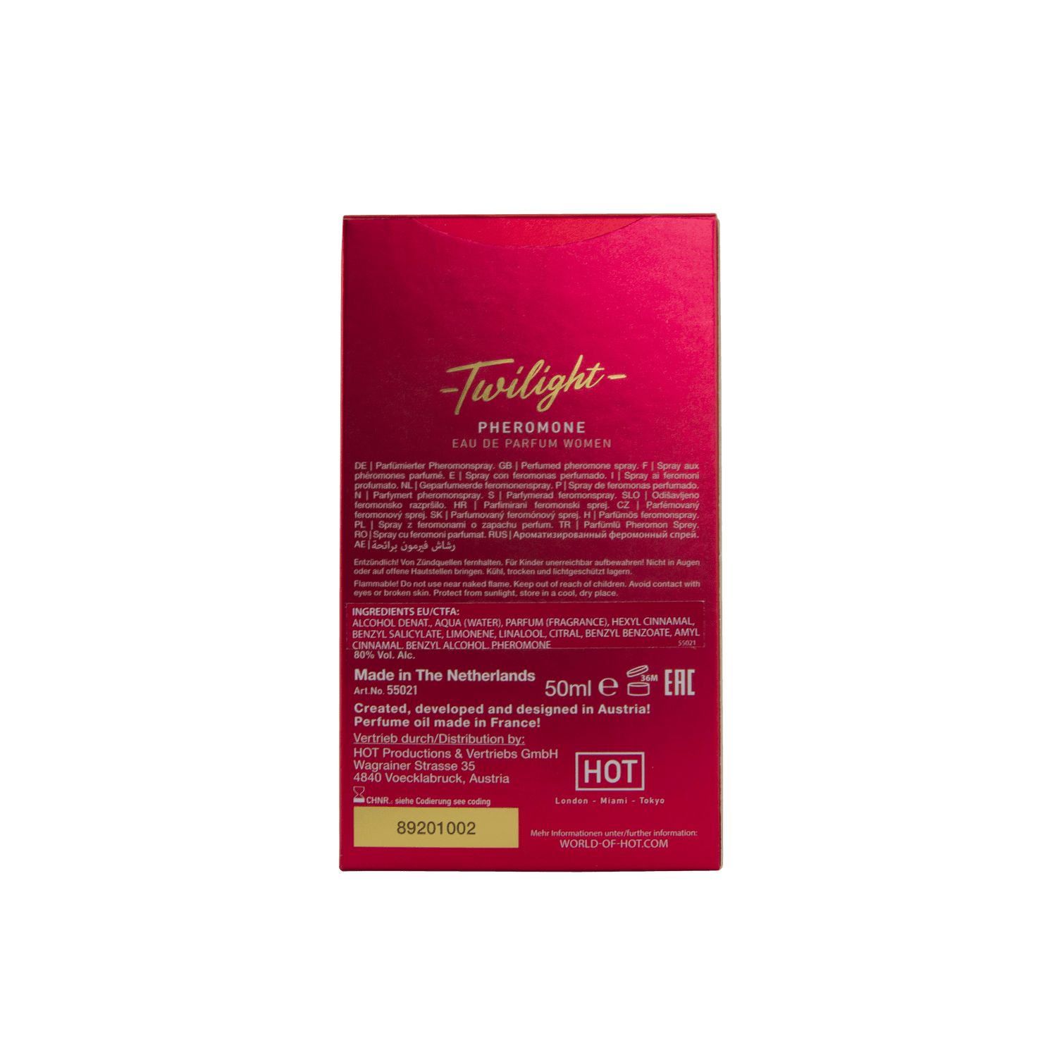 Achterkant van de Twilight Pheromone Parfum doos voor dames met ingrediënten en productinformatie.
