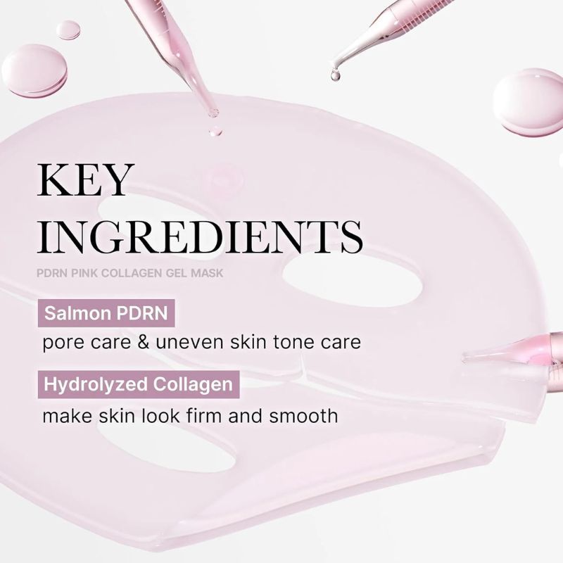 Medicube PDRN Pink Collagen Gel Mask avec pipettes et gouttes, ingrédients clés mis en avant.