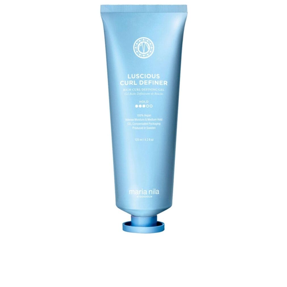 Lichtblauwe tube met producttekst. Tekst: Luscious Curl Definer, Maria Nila. Afdrukken en logo's.