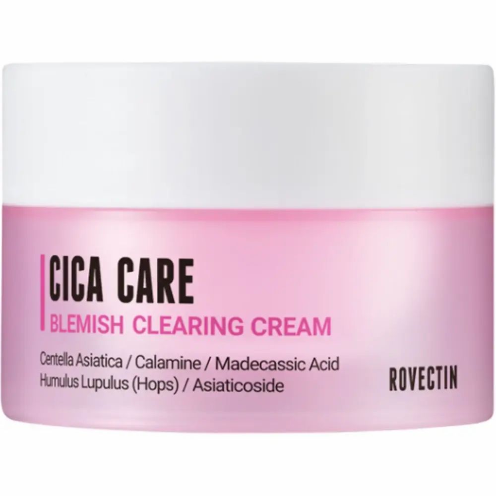 Roze crèmepot met witte deksel. Opschrift: Cica Care Blemish Clearing Cream. Merk: Rovectin. Ingrediënten staan ook vermeld.