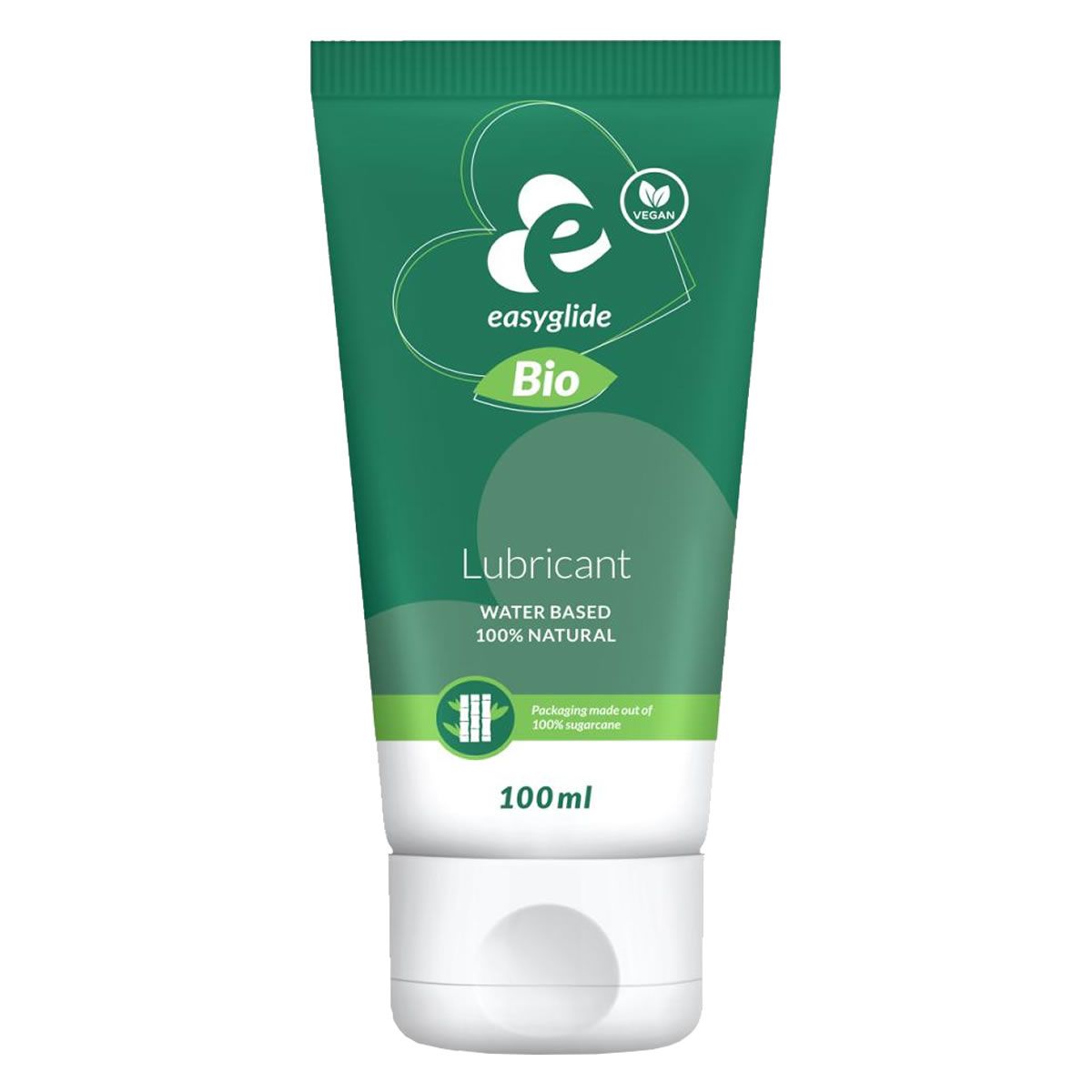 Groene tube met witte dop. Opschrift: Easyglide Bio Lubricant. Vegan zegel. Op waterbasis, 100% natuurlijk. 100ml.