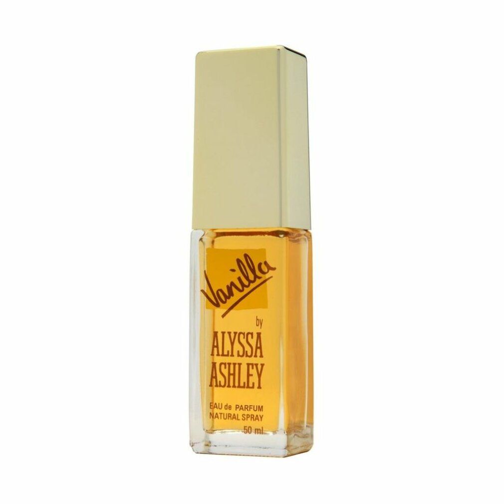 Flacon d'Eau de Toilette Alyssa Ashley Vanilla avec bouchon doré. Étiquettes jaunes avec le nom du produit.