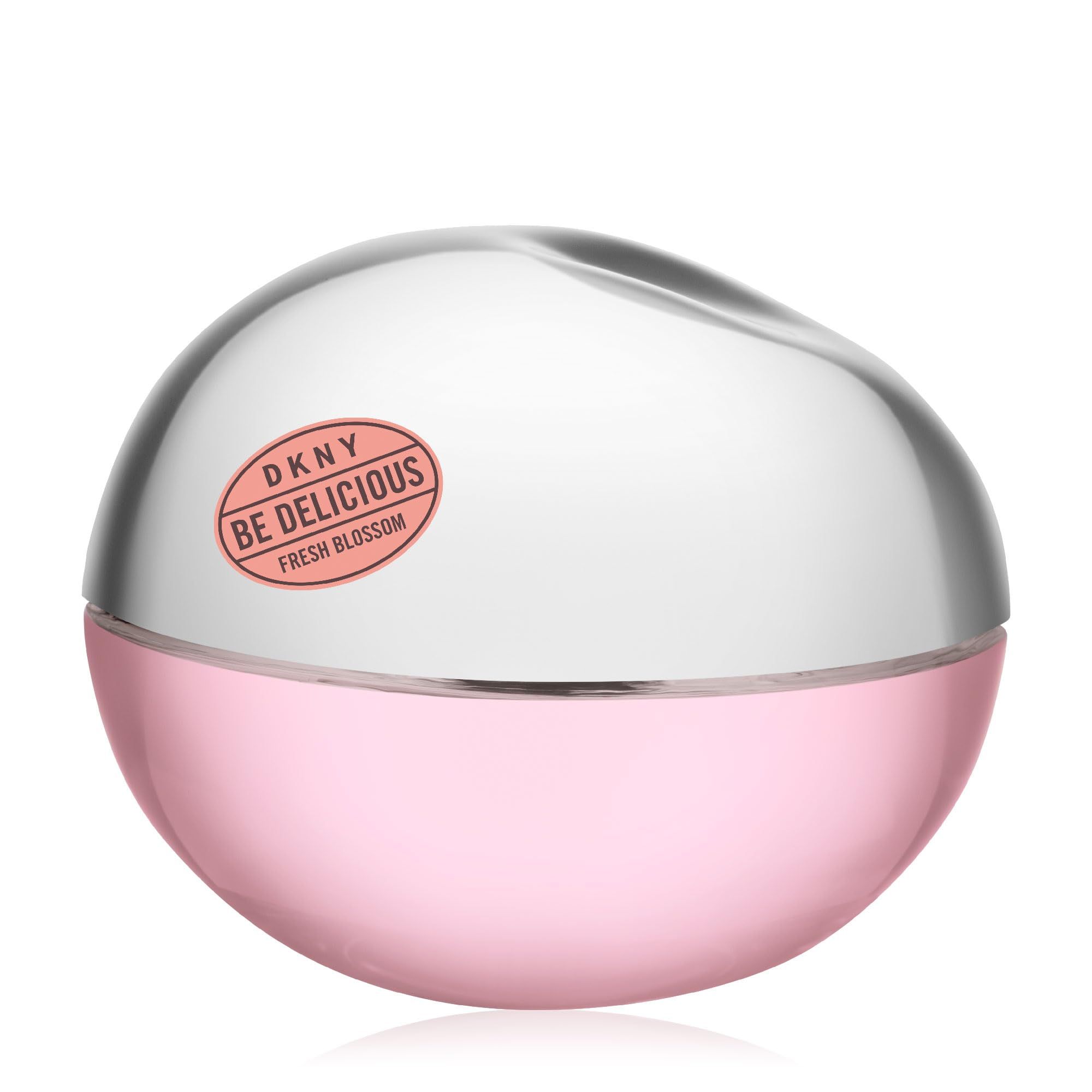 Ronde roze fles met zilveren dop. Opschrift: DKNY Be Delicious Fresh Blossom.