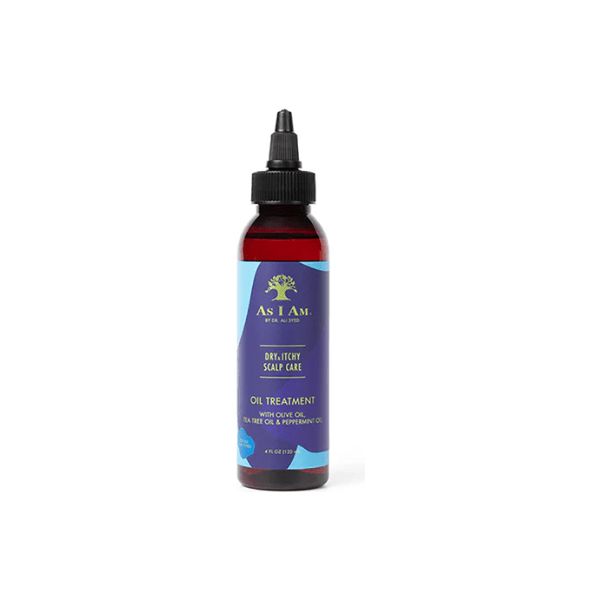 Flesje oliebehandeling. Opschrift: Dry, Itchy Scalp Care. Met olijfolie, tea tree en pepermuntolie.
