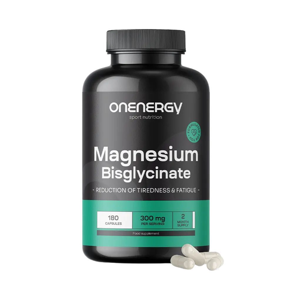 Zwarte fles "Onenergy Magnesiumbisglycinaat". 180 capsules, 300 mg per portie. Groene accenten. Capsules ernaast.