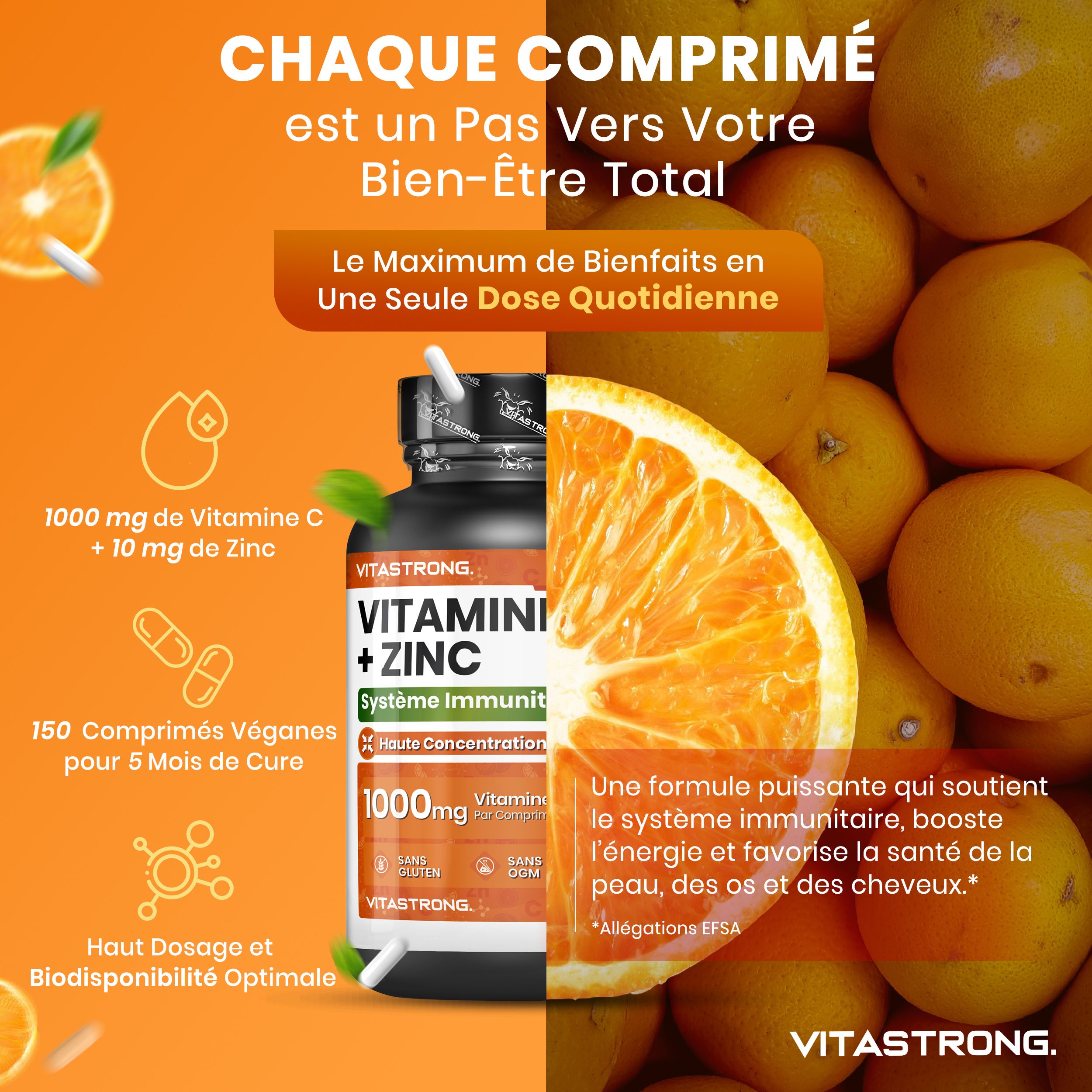 Vitastrong Vitamine C + Zink fles, sinaasappels. Tekst over gezondheidsvoordelen.
