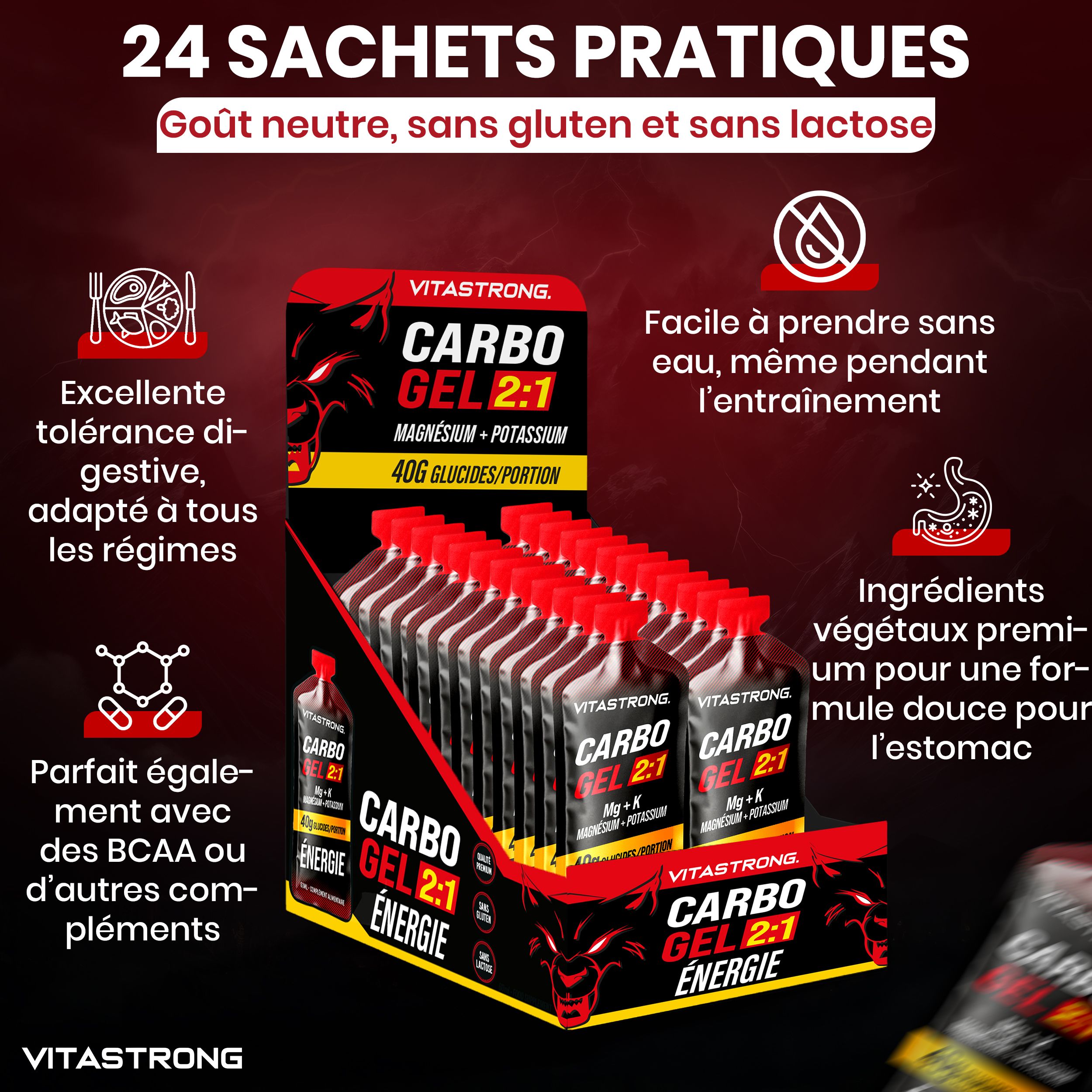Vitastrong CARBO GEL 2:1. Verpakking met porties. Tekst: 24 praktische zakjes. Neutrale smaak, glutenvrij en lactosevrij.