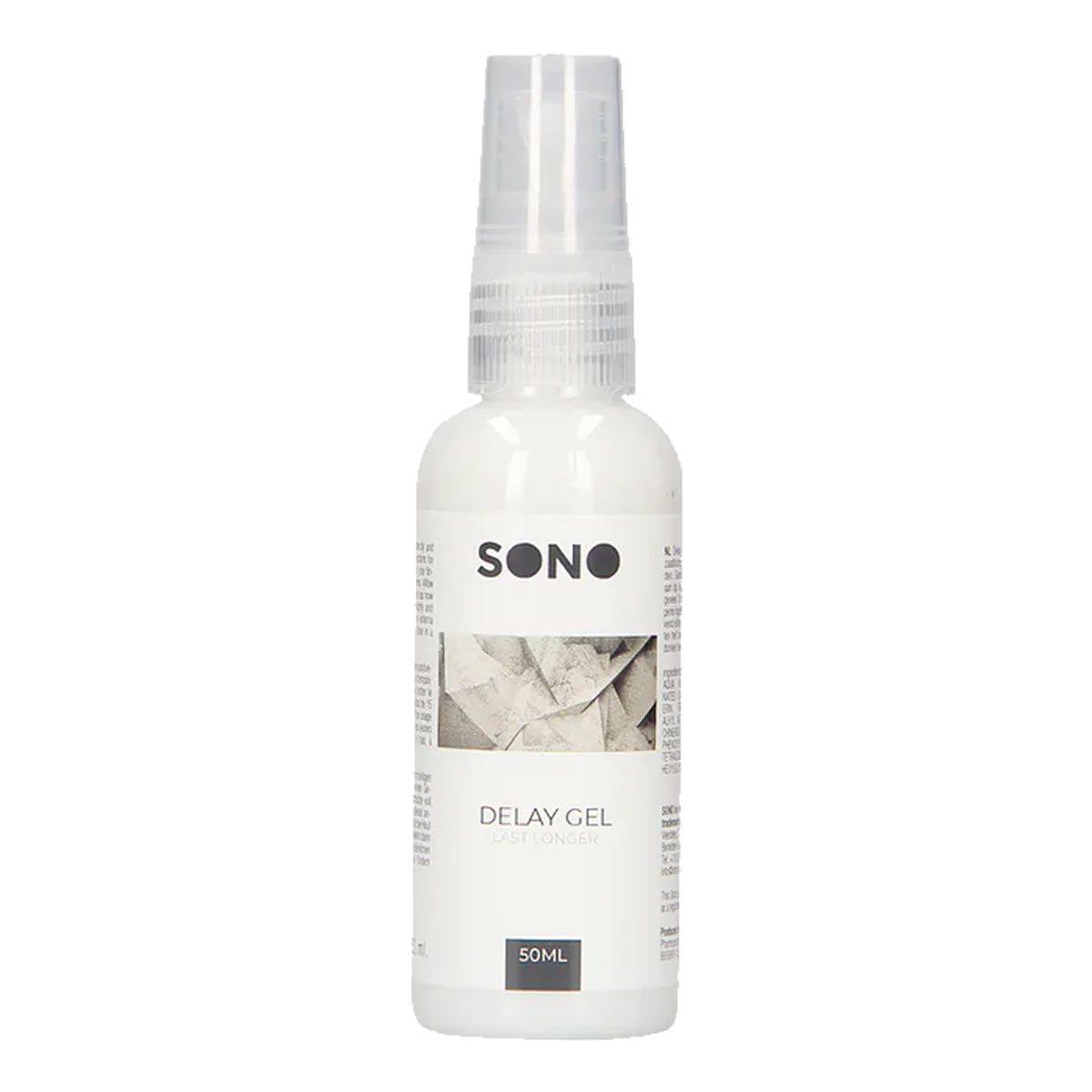 Flacon blanc avec vaporisateur. Inscription : SONO, DELAY GEL, 50ml.