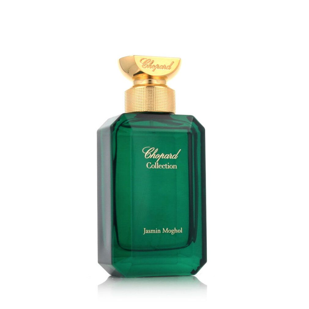 Flacon vert avec bouchon doré. Inscription: Chopard Collection Jasmin Moghol.