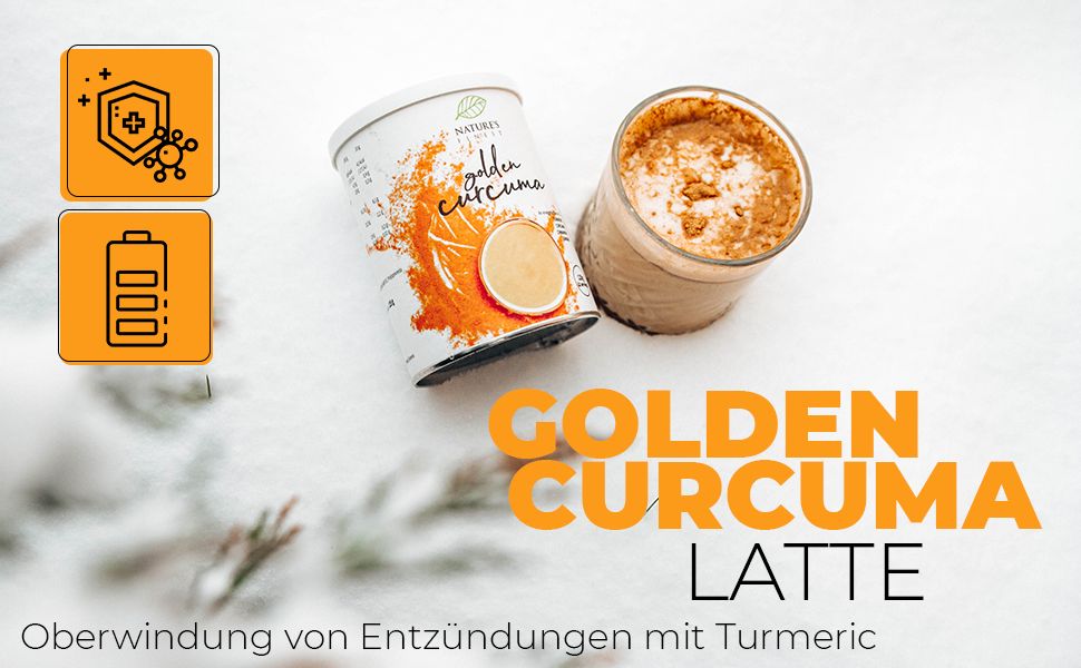 Boîte et verre avec boisson sur neige. Inscription: Golden Curcuma Latte. Graphiques orange. Texte: Surmonter l'inflammation avec le curcuma.