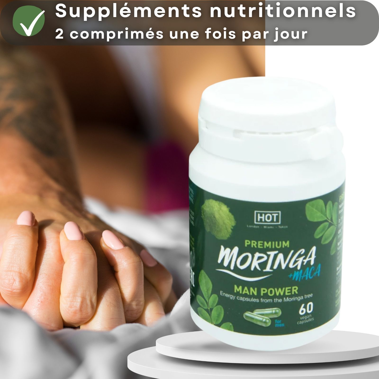 Flacon. Inscription : Moringa + Maca. Texte : Complément alimentaire. 2 gélules une fois par jour.