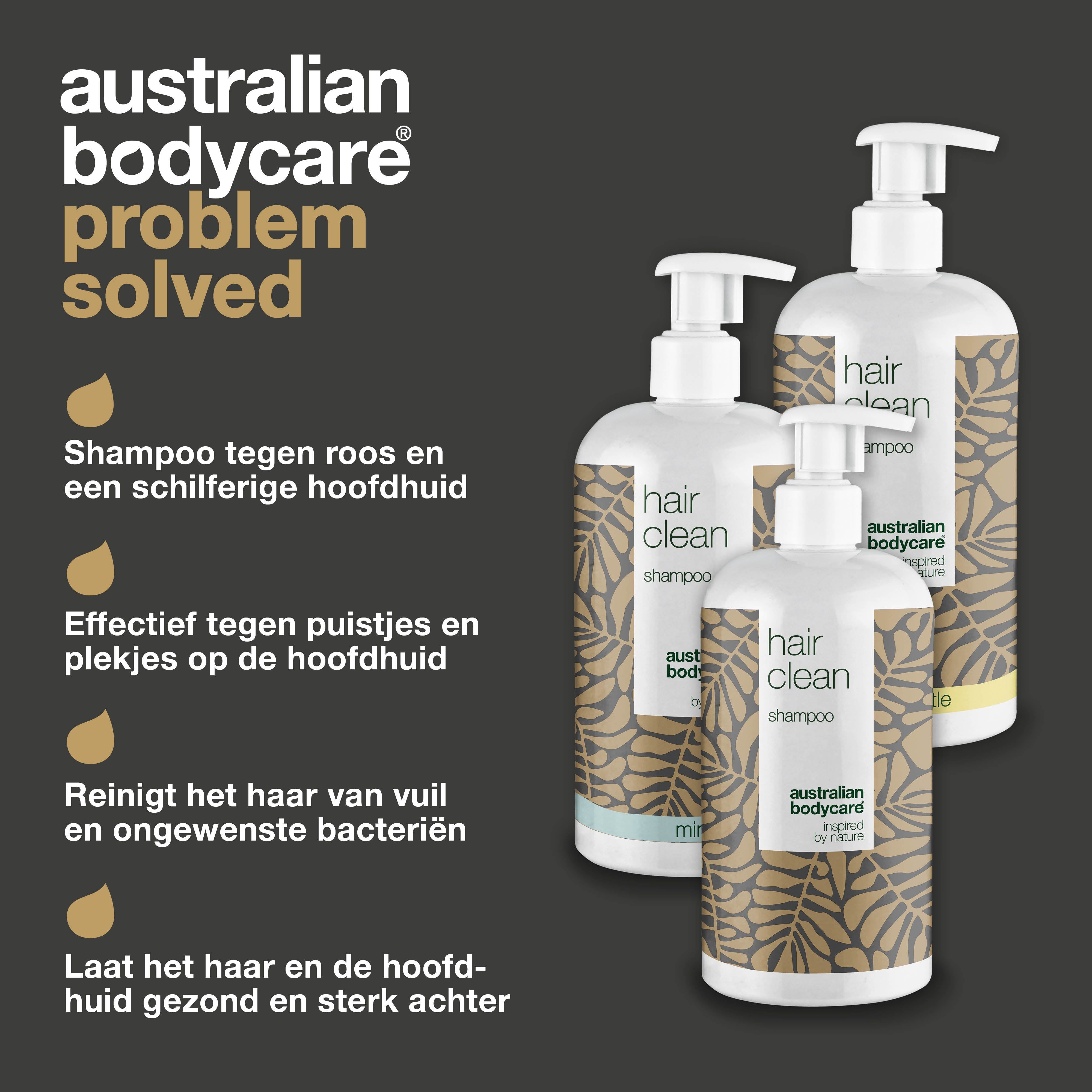 Australian Bodycare. Probleem opgelost. Drie shampoo flessen. Tekst over roos, jeuk, bacteriën.