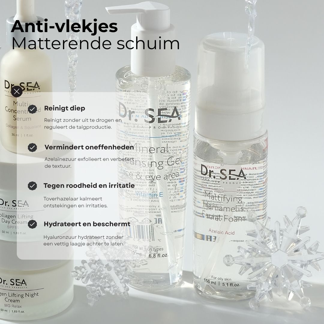 Product met witte pomp. Tekst: Dr. SEA, Mattifying Hamamelis Facial Foam. Aanbevolen voor verschillende huidtypes.
