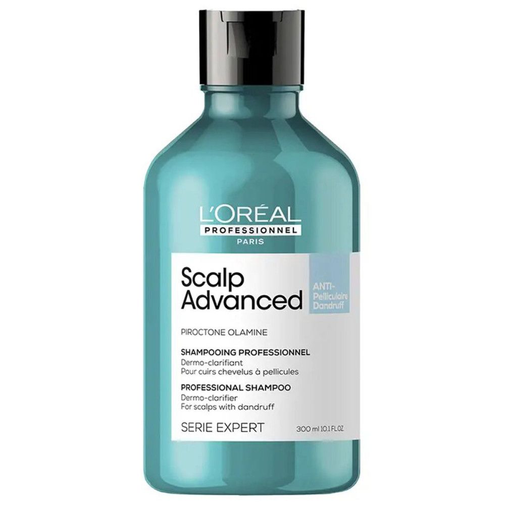 Turquoise shampoo fles. Tekst: L'Oréal Professionnel, Scalp Advanced, Anti-roos. 300 ml.