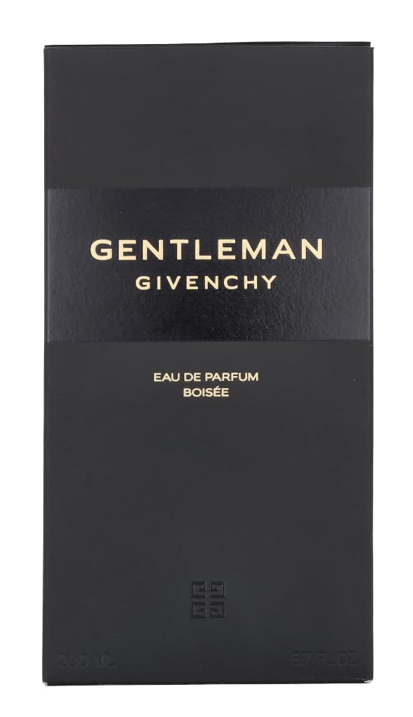 Emballage noir. Inscription: Gentleman Givenchy Eau de Parfum Boisée. Écriture dorée. En bas: 200 ml et 6.7 FL. OZ.
