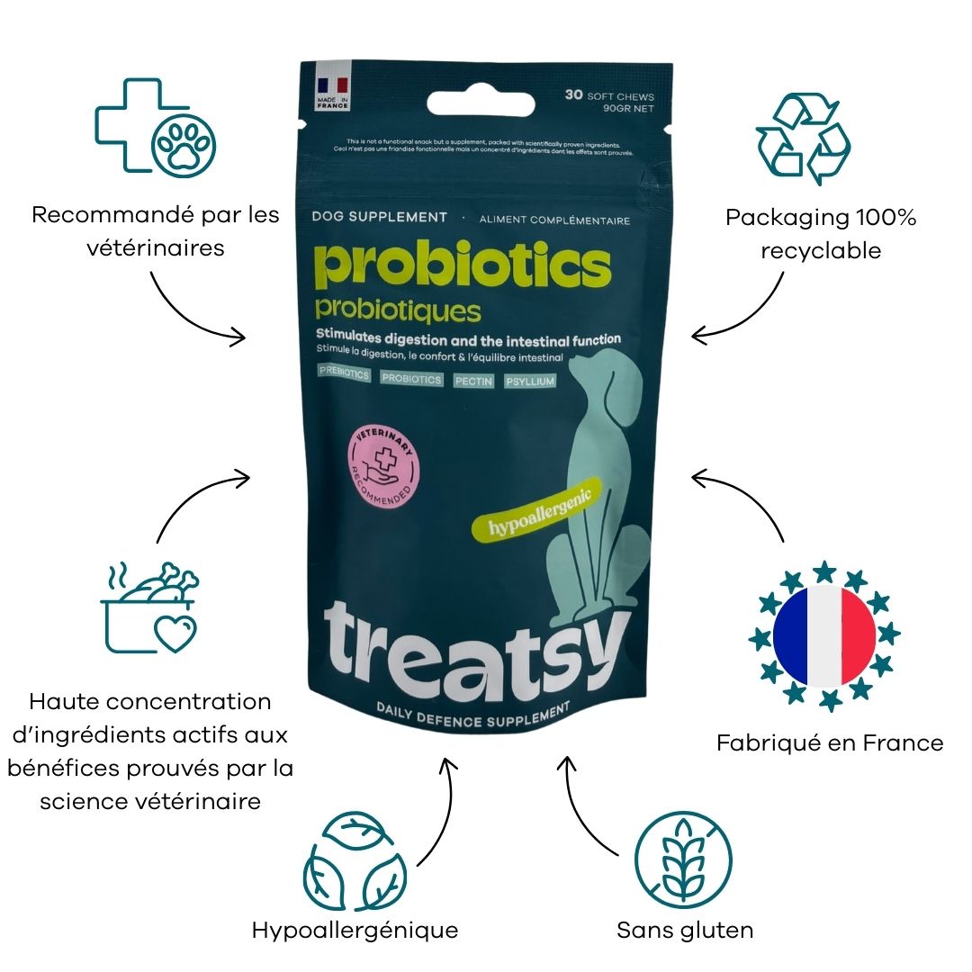 Sachet de probiotiques pour chiens. 30 friandises à mâcher. Hypoallergénique, sans gluten. Fabriqué en France. 100% recyclable.