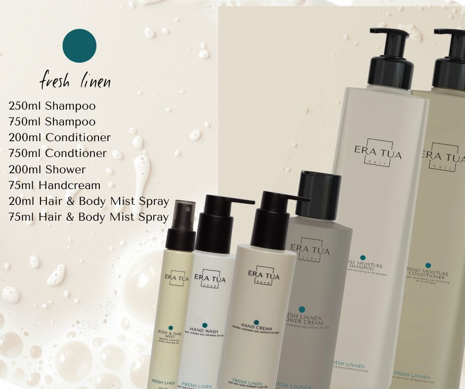 Plusieurs produits de soins corporels ERA TUA de différentes tailles, y compris shampoing, après-shampoing, crème pour les mains et brume.