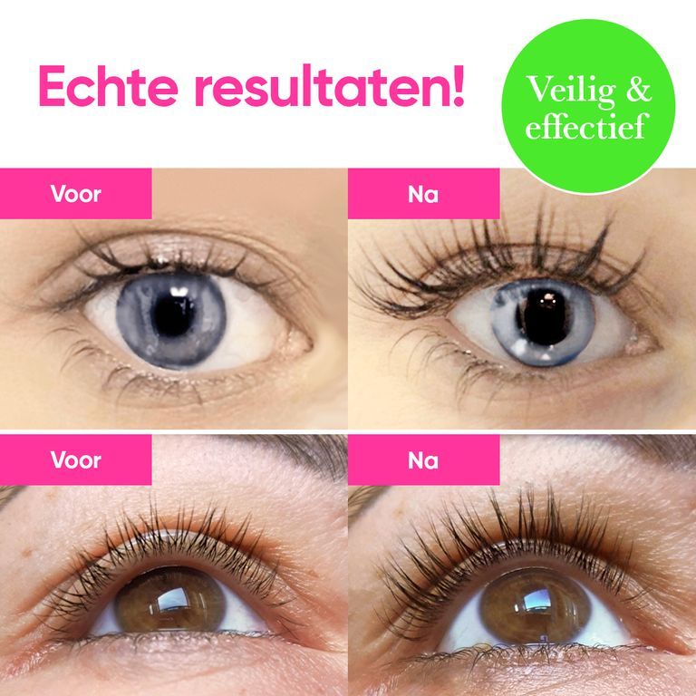 Voor-en-na beelden van ogen die de effectiviteit van LUXE LASH wimperserum tonen. Resultaten na 30 dagen.