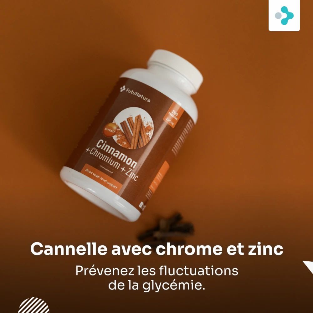 Flacon avec étiquette marron, "Cinnamon + Chromium + Zinc". Fond marron. Bâtons de cannelle et gélules.