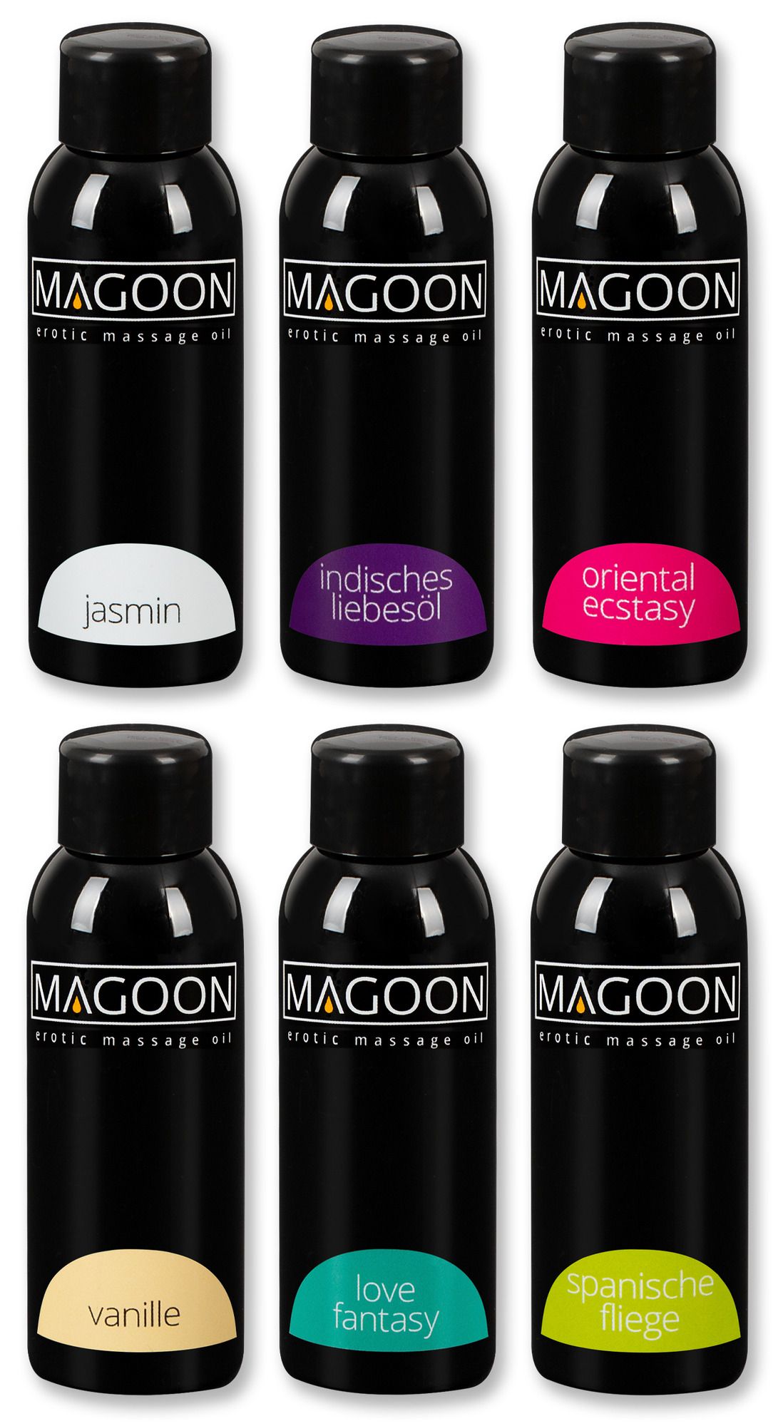 Six flacons d'huile de massage érotique Magoon aux parfums variés.