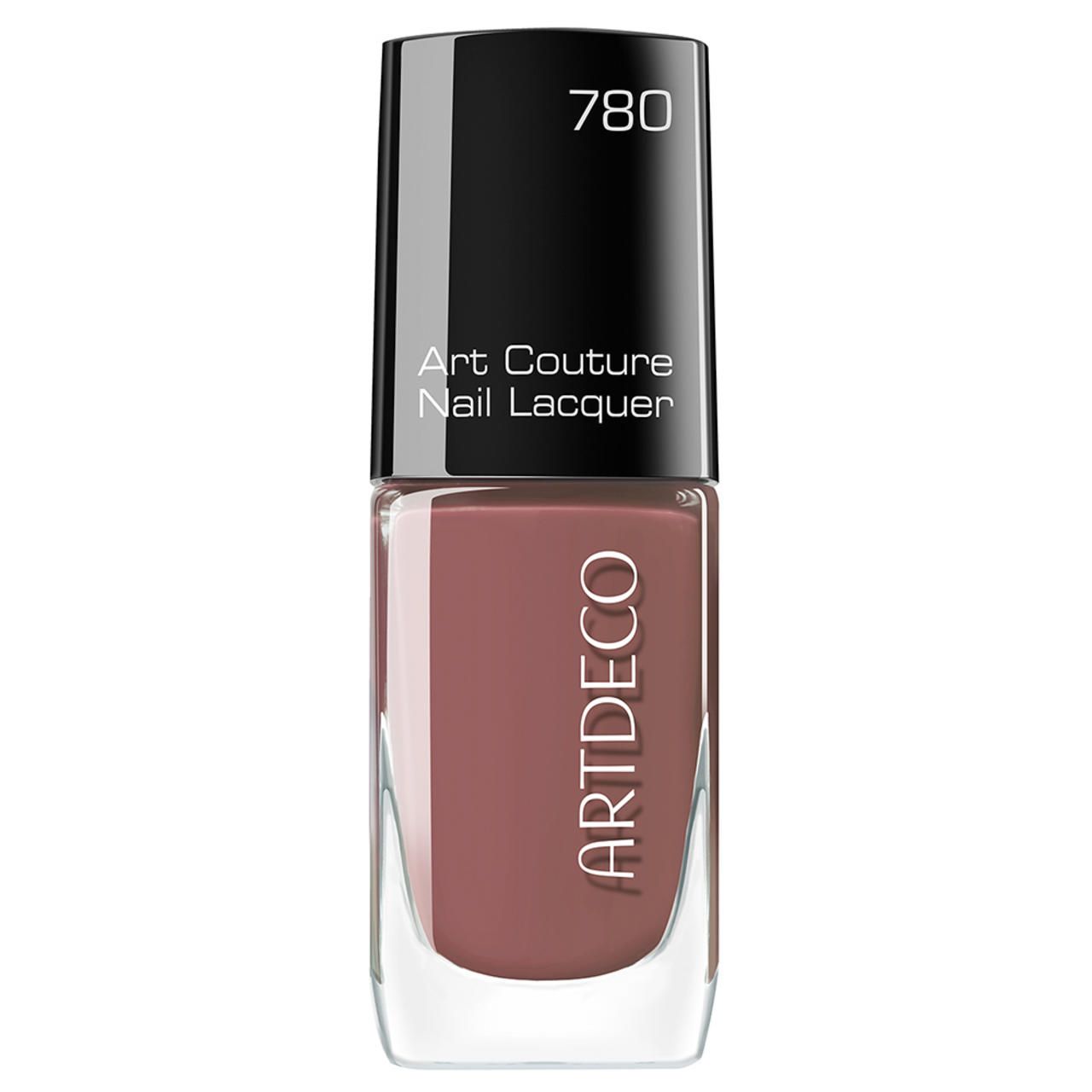 Artdeco Art Couture nagellak. Flesje bruine nagellak. Zwarte dop met opschrift 780. Productnaam en merk zichtbaar.
