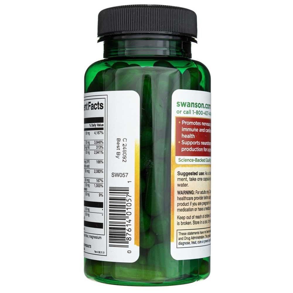 Zijaanzicht van de SWANSON Balance B-50 Complex fles met barcode en productinformatie.