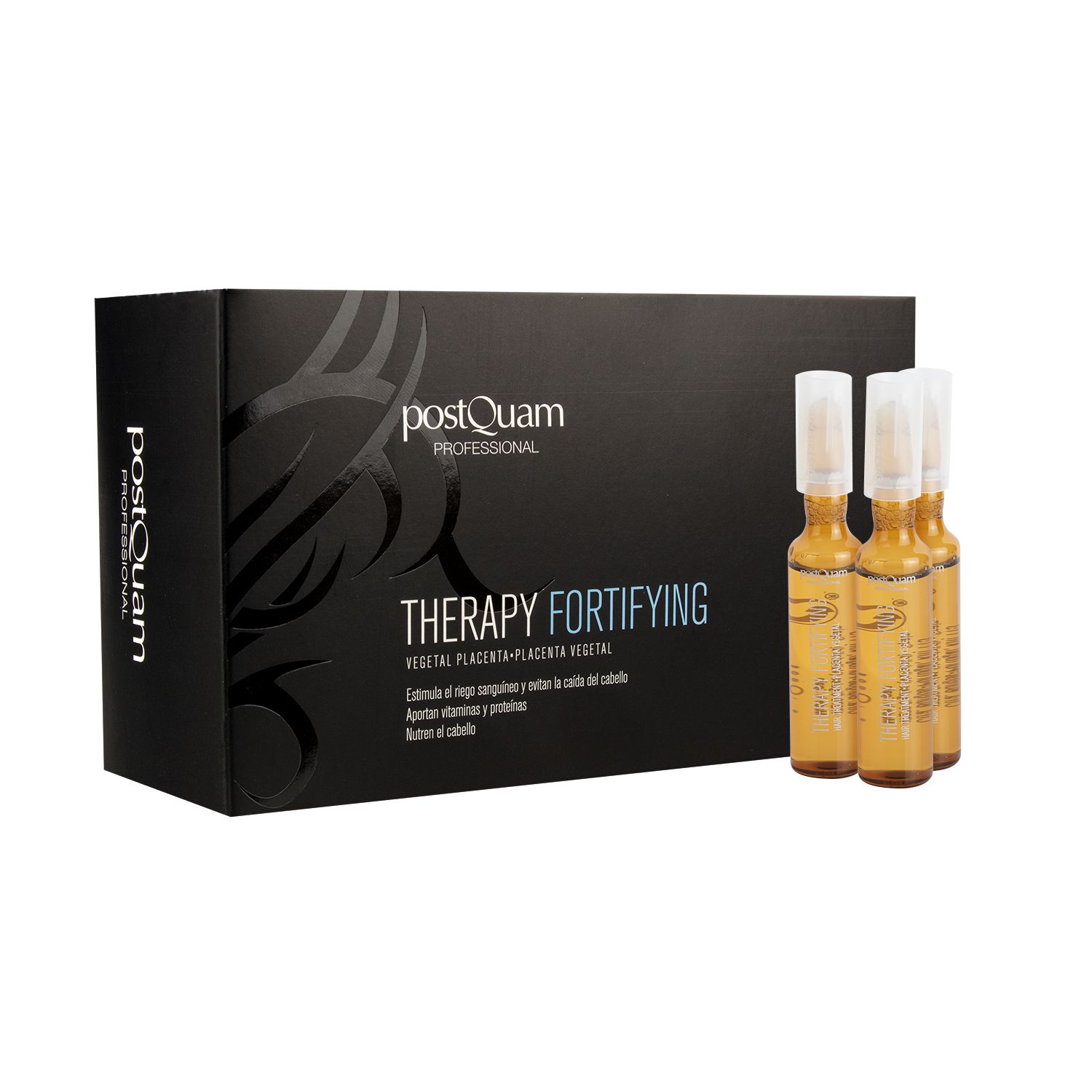 Zwarte productverpakking met ampullen. "postQuam" logo en "THERAPY FORTIFYING" tekst. Plantaire placenta. 3 ampullen.