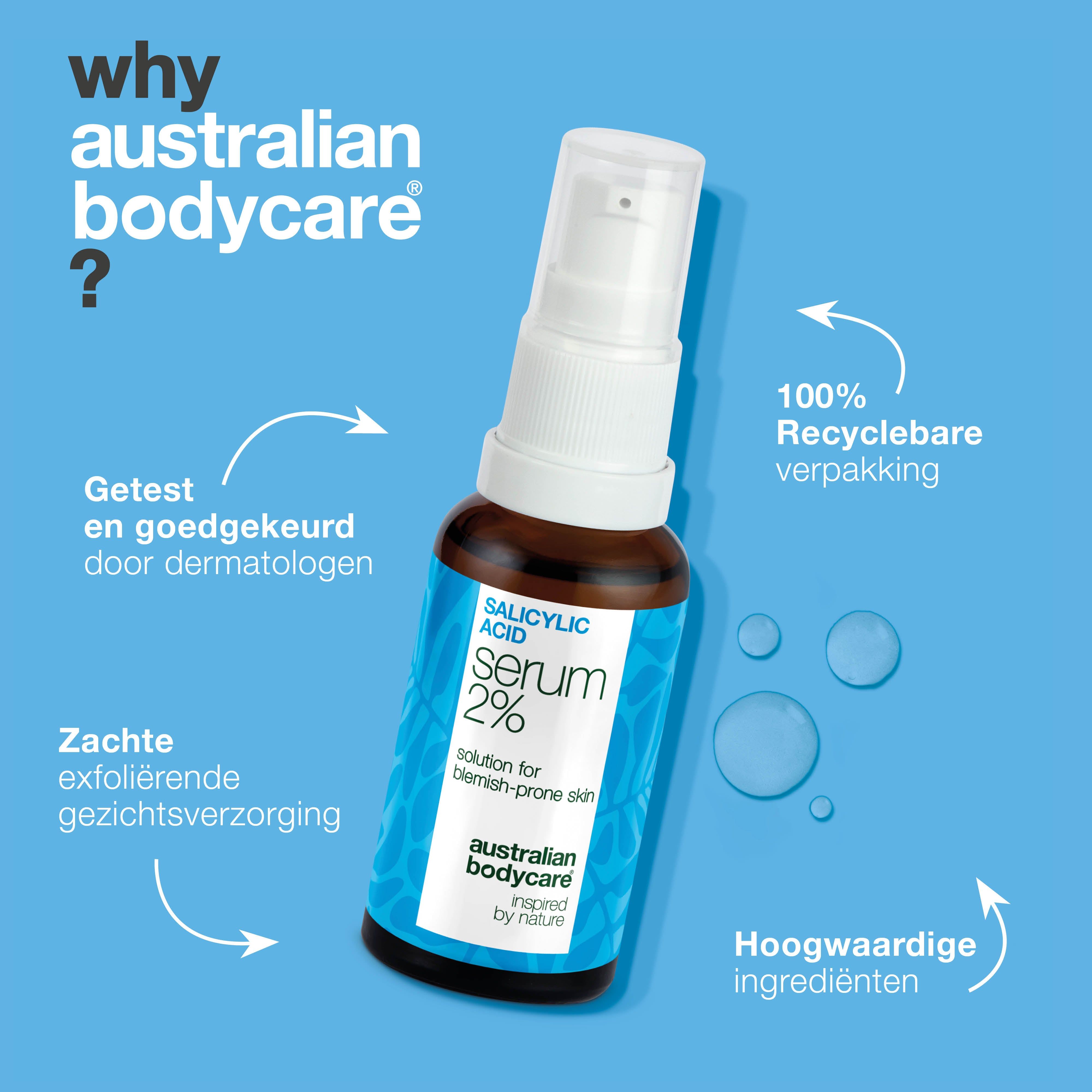 Flesje serum, tekst: Salicylic Acid Serum 2%, australian bodycare. Tekst: Waarom australian bodycare?