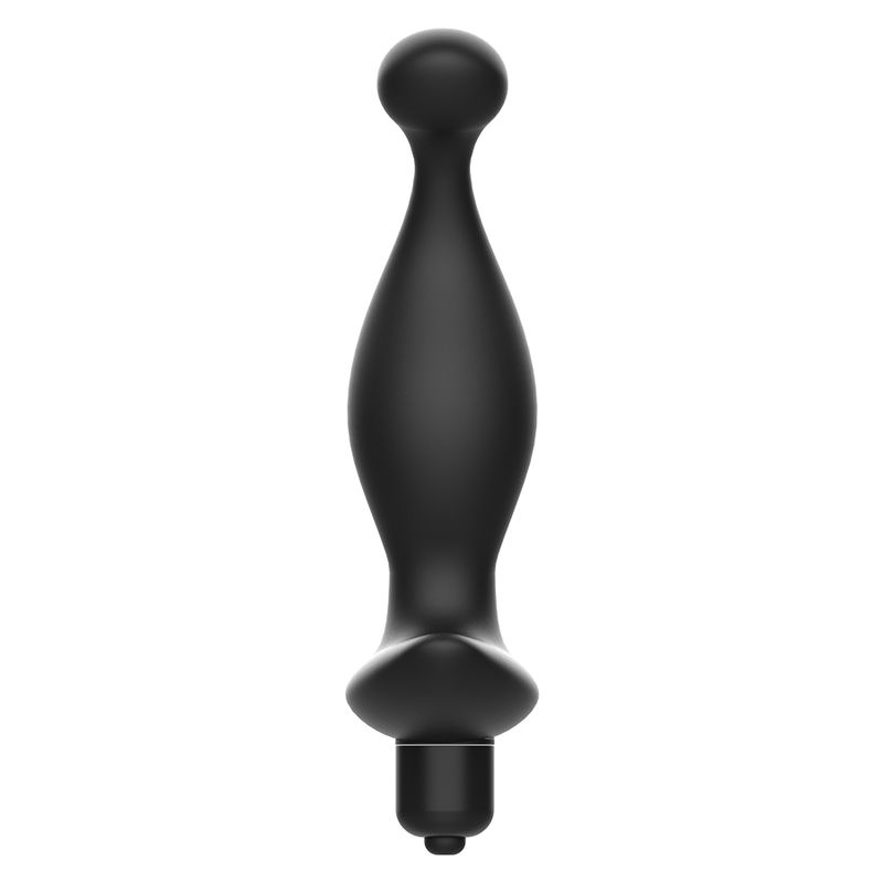 Vibrateur anal noir à forme courbée, base large et extrémité sphérique, vu de face.