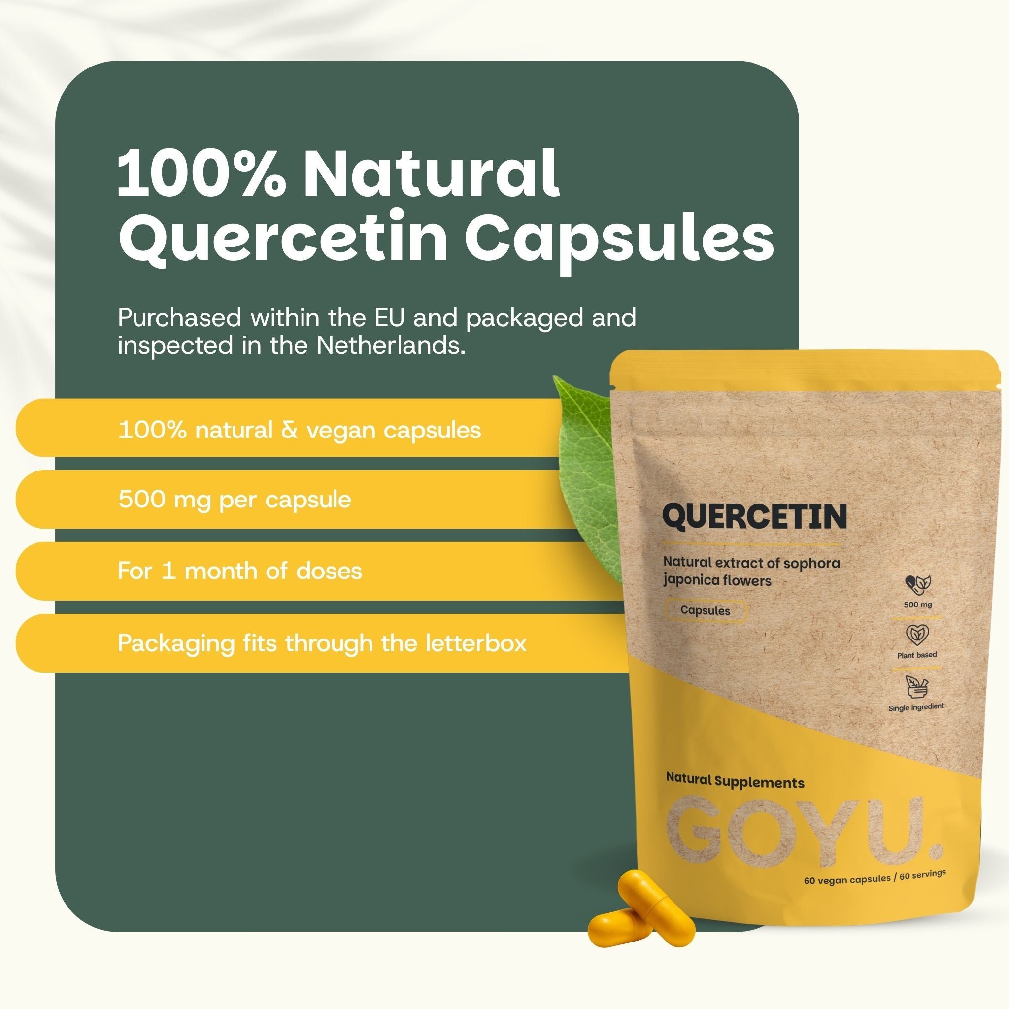 Emballage de capsules de Quercétine, 500 mg. Avis clients avec 4,7/5 étoiles et commentaires positifs.