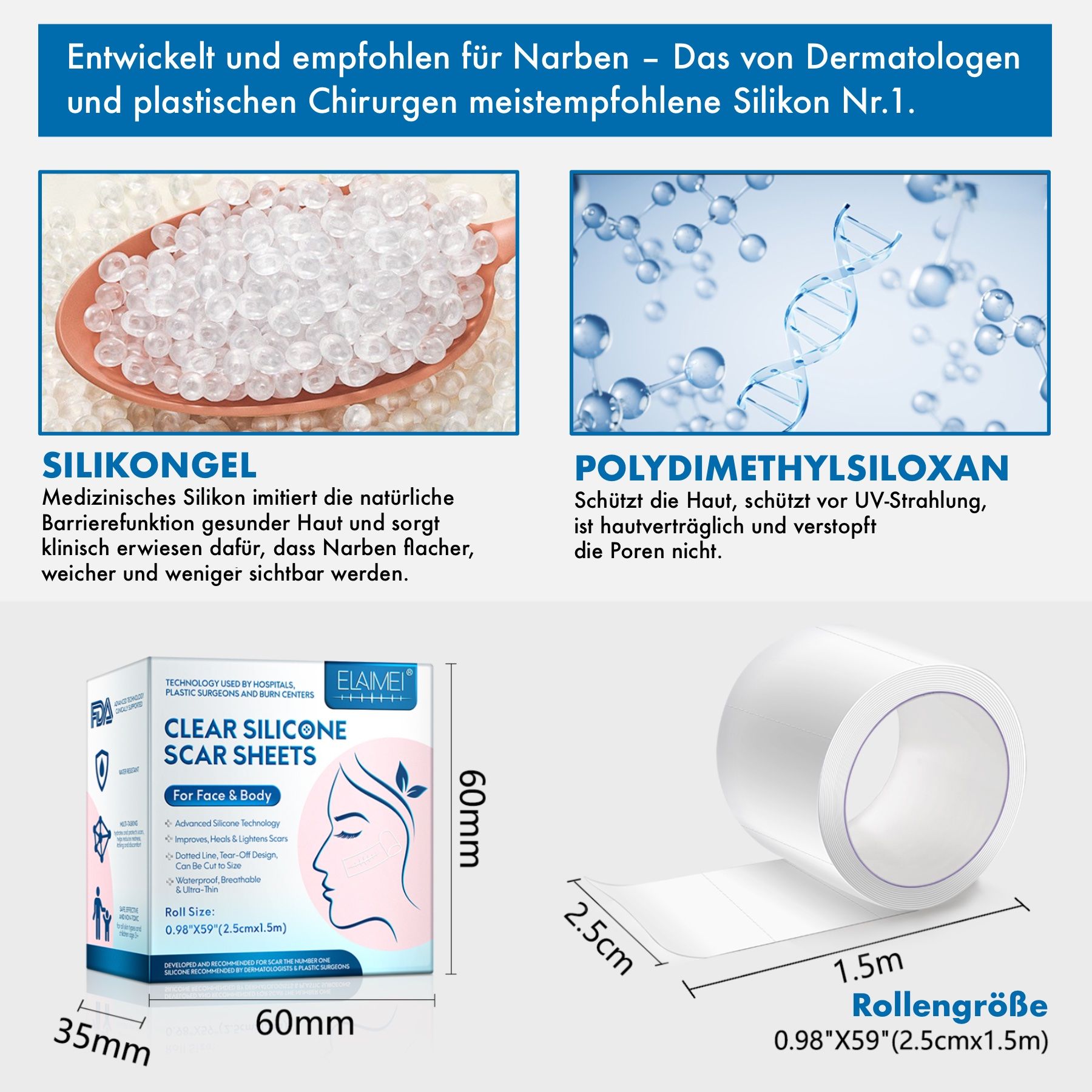 Silicongel en polydimethylsiloxaan voor huidverzorging. Informatie over littekenbehandeling.