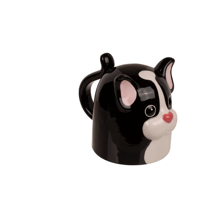 Zwarte beker, wit gezicht, roze neus, oor. Keramiek. Zijaanzicht.