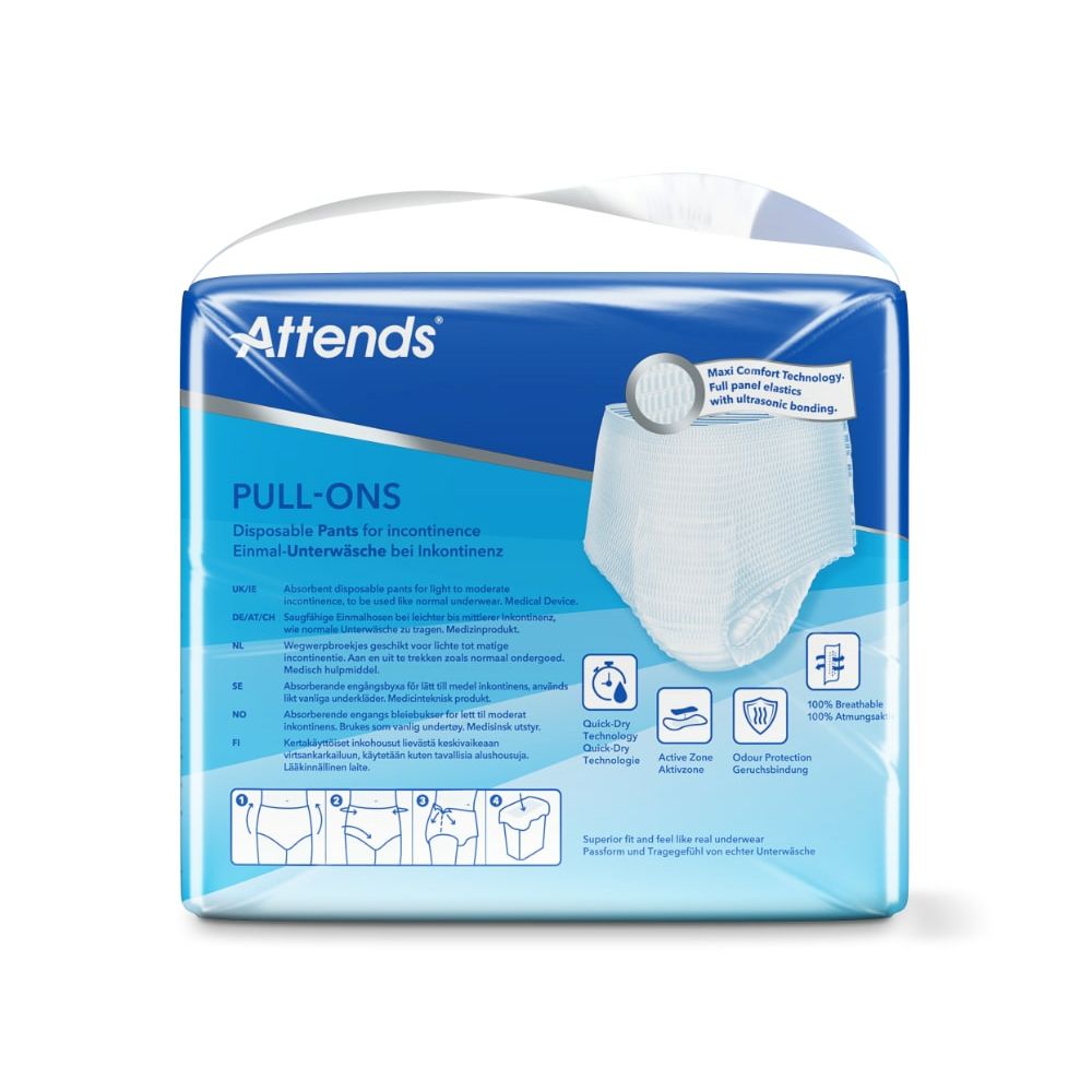 Attends Pull-Ons, pantalon d'incontinence en emballage. Emballage bleu avec image du produit et texte. Taille XS.