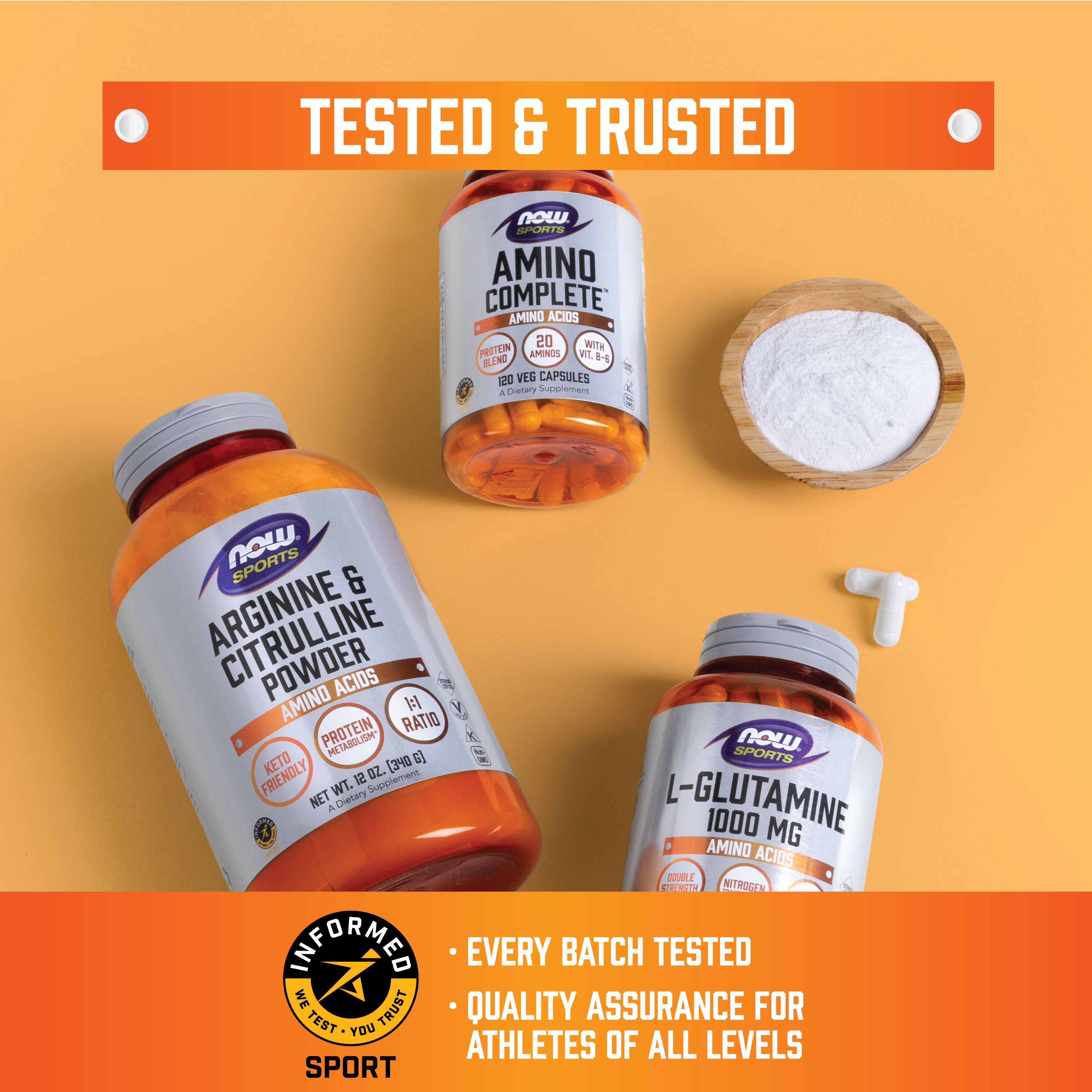 Plusieurs bouteilles de suppléments, y compris L-Glutamine et Arginine & Citrulline.