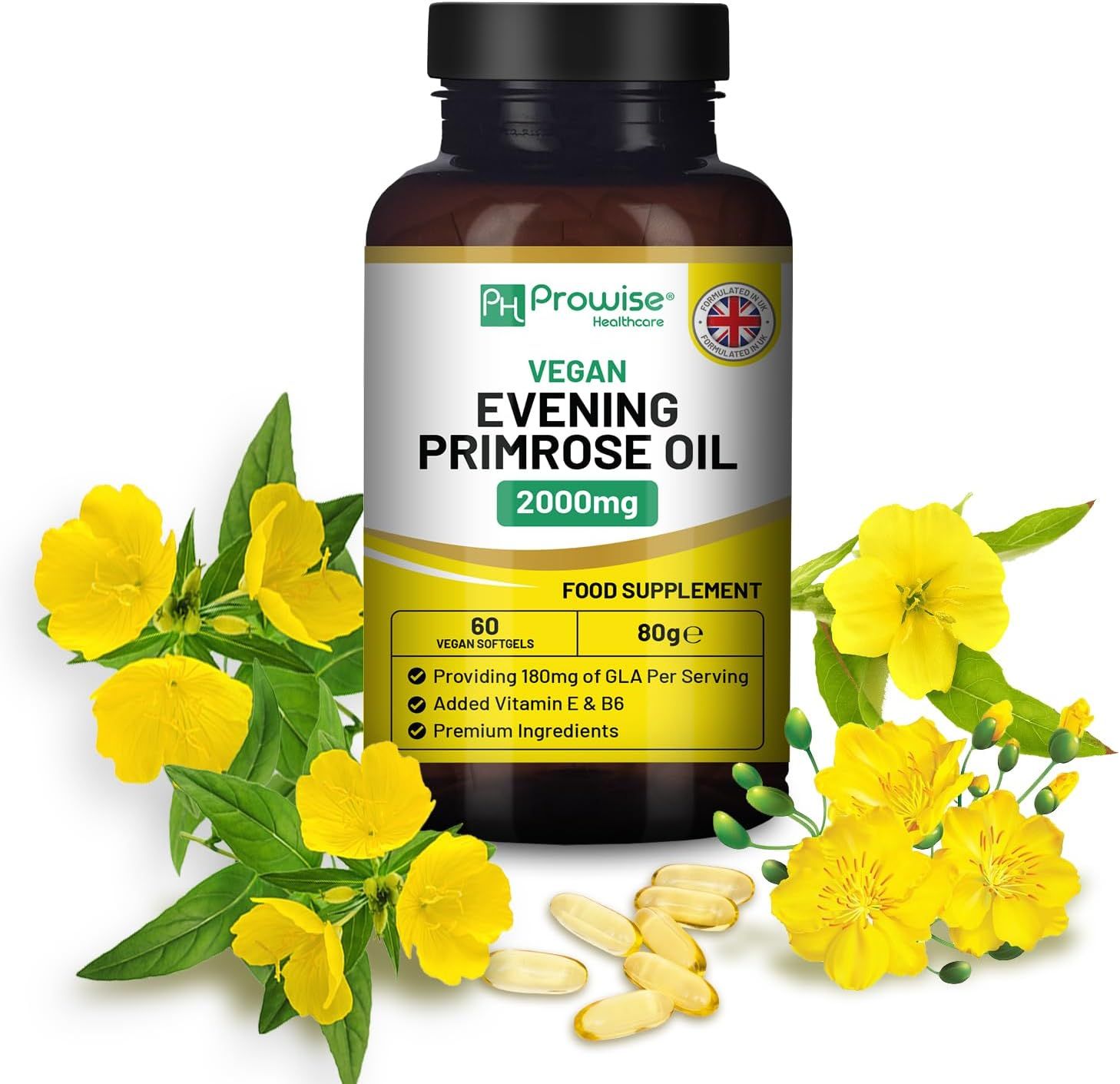 Bruine fles Prowise Veganes Nachtkerzenöl Softgels. Opschrift: Vegan Evening Primrose Oil 2000mg. 60 softgels. Met bloemen.