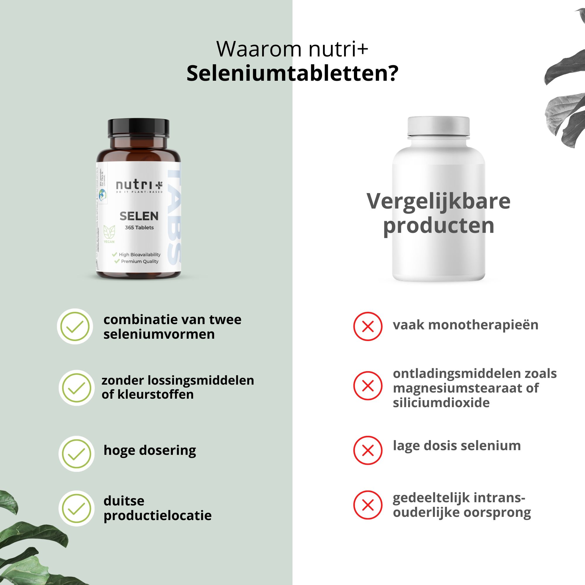 Vergelijking nutri+ Selenium tabletten met vergelijkbare producten: combinatie, zuiverheid, dosering, herkomst.
