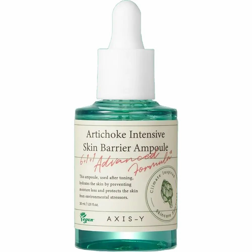 Groene glazen fles met witte dop. Opschrift: Artichoke Intensive Skin Barrier Ampoule. AXIS-Y logo.