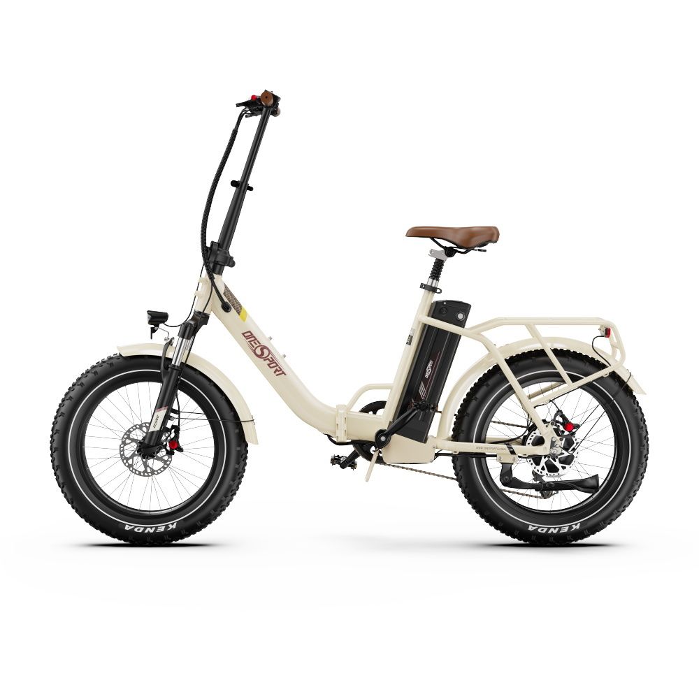 Opvouwbare e-bike, crème, bruin zadel, zwarte banden. Merk ONESPORT. Met bagagedrager en accu.